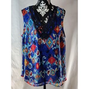 VTG. Jones New York Womens Floral Sleeveless Top Blouse Lace Neckline Blue XL